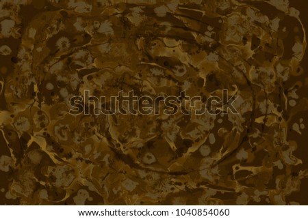 Gold, brown wet abstract paint leaks and splashes texture on white watercolor paper background. Natural organic shapes and design.