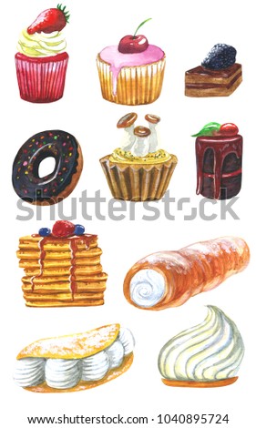 
Sweets raster watercolor illustration set of fritters strawberry with cream cakes