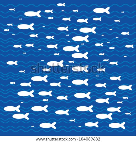 Collection of white fish swimming in the blue sea, vector illustration