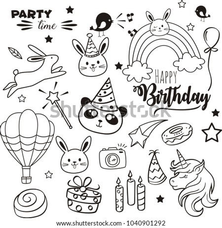 Set of doodle on paper background,Doodles Happy Birthday elements.