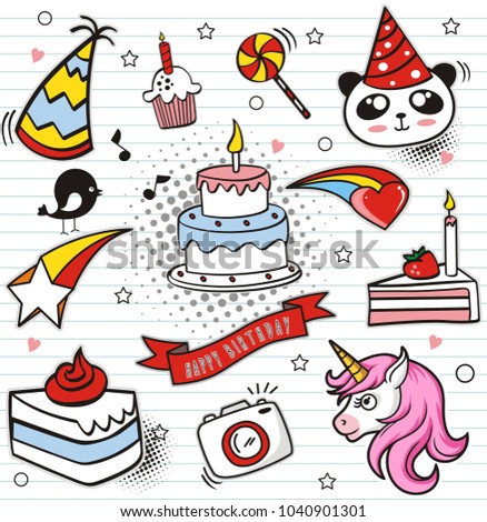 Set of colorful doodle on paper background,Doodles Happy Birthday elements.