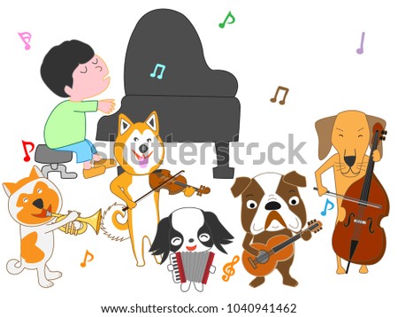 A dog's concert. Dogs are singing with children and playing instruments.
