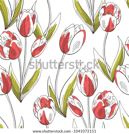 Tulip flower graphic red green color seamless pattern sketch illustration vector