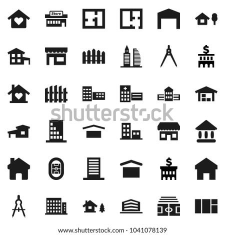 Flat vector icon set - school building vector, drawing compass, university, bank, stadium, dry cargo, hospital, home, cottage, chalet, barn, fence, plan, apartments, office, love, store, mall