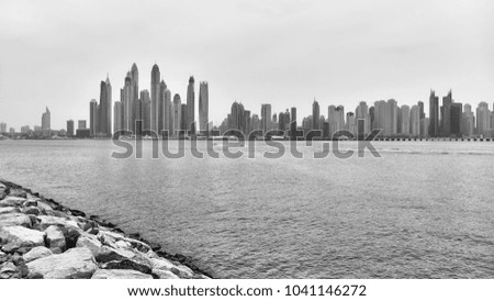 Black and white panoramic picture of Dubai waterfront, United Arab Emirates.