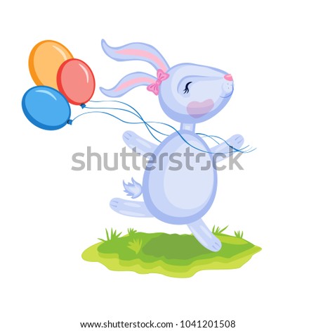 Cartoon cute vector rabbit with ballons on green grass isolated on white, colorful illustration hare, farmer domestic animal, Character design for greeting cards children invite, creation of alphabet