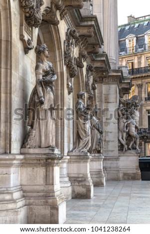 Architectural details of Opera National de Paris: Dance Facade sculpture by Carpeaux. Grand Opera (Garnier Palace) is famous neo-baroque building in Paris, France - UNESCO World Heritage Site.