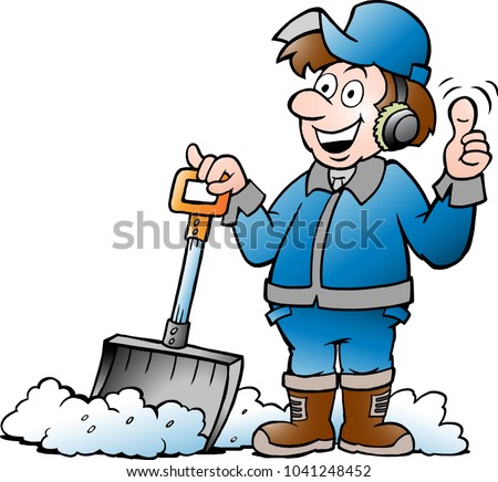 Cartoon Vector illustration of a Happy Handyman Worker with his Snow Shovel
