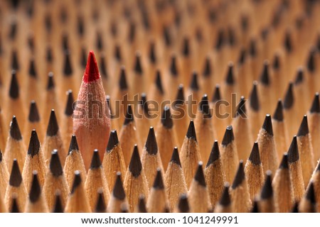 Close up of bunch of identical sharp black graphite pencils and one different, unique red pencil that stands out. Shallow depth of field. Studio shot. Concept of diversity. Concept of uniqueness.