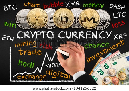 crypto currency businessman blackboard trade school finance concept coin on chalkboard