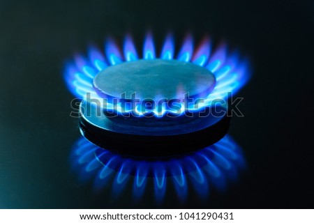 Burning gas, gas stove burner, hob in the kitchen.  The concept of problems with natural gas, rising gas prices, and wastage.  Royalty-Free Stock Photo #1041290431