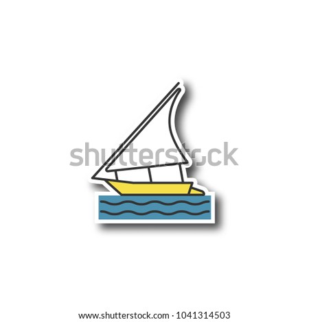 Sailing boat patch. Felucca. Yacht. Color sticker. Vector isolated illustration