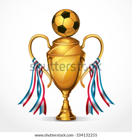Soccer golden award trophy and ribbon. Vector illustration