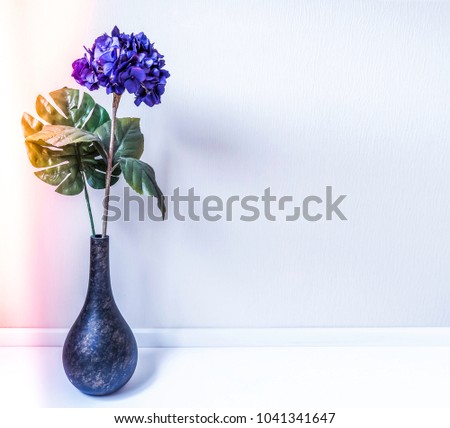 Purple flowers in a black vase placed near the wall.