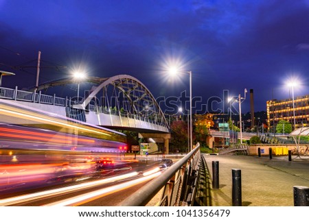 Park Square Bridge, also known as the Supertram Bridge located in Sheffield, England. Royalty-Free Stock Photo #1041356479