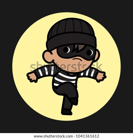 cute burglar in black mask on cycle lighting background,illustration in a flat style?, Clipping Path included 