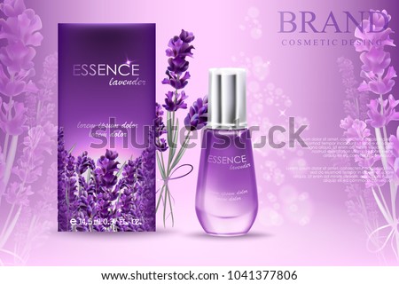 Lavender essence ads, natural skin care products with purple package and lavender elements isolated on glittering bokeh background in vector 3d illustration