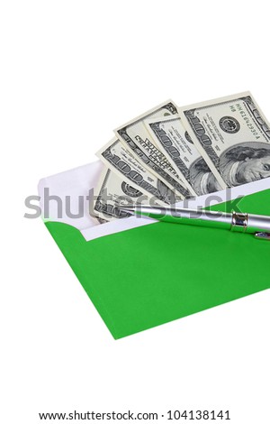 money in green envelope with metal pen isolated on white background