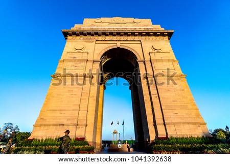 India Gate war memorial located in New Delhi, India. India Gate is the most popular tourist attraction to visit in New Delhi. Architecture of India Gate is marvellous. New Delhi is Capital of Nation.