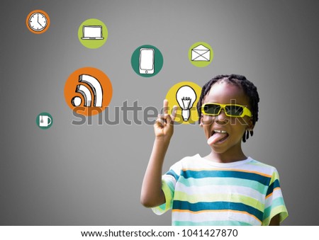 Digital composite of Cheeky Boy against grey background with sunglasses sticking out tongue and colorful icons