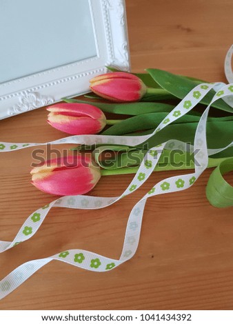 Pink tulips with a vintage frame and ribbon, Spring flowers, Holiday