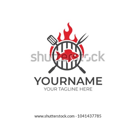 BBQ and fish with fire logo template. Grill and fish meat with fork and spatula vector design. Fast food and fishing illustration