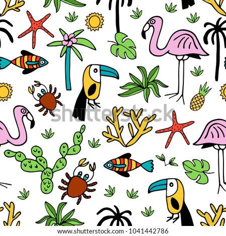 Seamless pattern with summer set of isolated cute images in doodle style.  Line art illustration with things for beach and holiday. Vector.