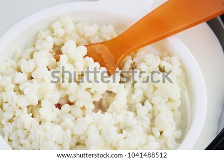 Mesh strainer of fresh Kefir grains. Kefir is one of the top health foods available providing powerful probiotics.  It is cultures of yeast and bacteria use to make a fermented milk product.