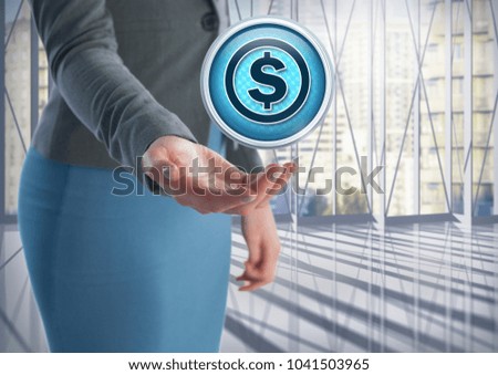 Digital composite of Dollar money icon and Businesswoman with hand palm open in city office