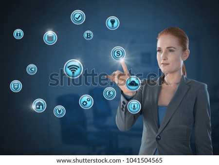 Digital composite of Businesswoman touching various business icons