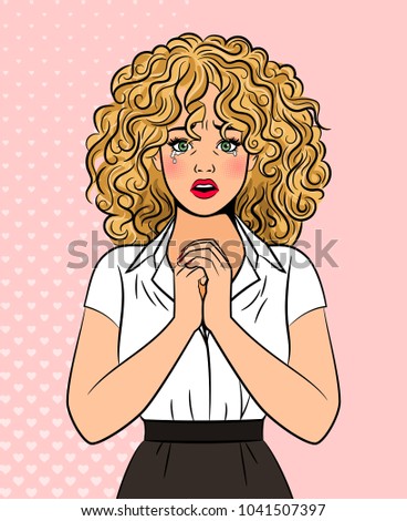 Worried beautiful pop art style woman with tears portrait on pink background, vector illustration