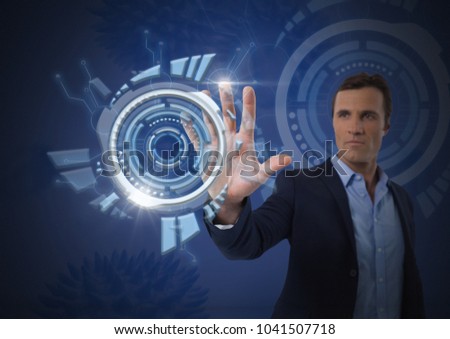 Digital composite of Businessman touching futuristic interface