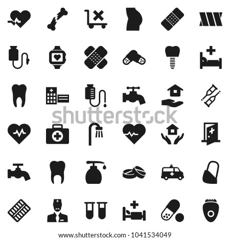 Flat vector icon set - water tap vector, liquid soap, house hold, heart pulse, buttocks, pills, monitor, first aid kit, no trolley, vial, crutches, broken bone, patch, blister, hospital bed, bandage