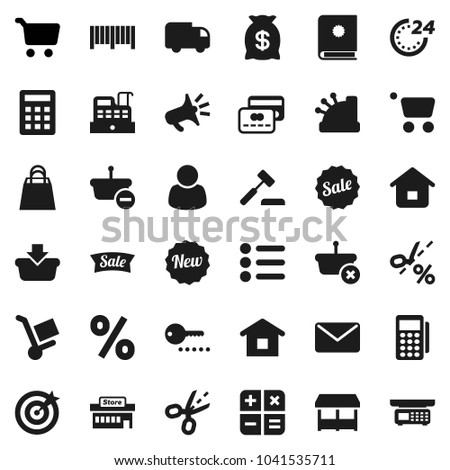 Flat vector icon set - cart vector, credit card, money bag, sale, new, 24 hour, shopping, percent, market, mall, customer, target, barcode, reader, cashbox, basket, home, calculator, auction, mail