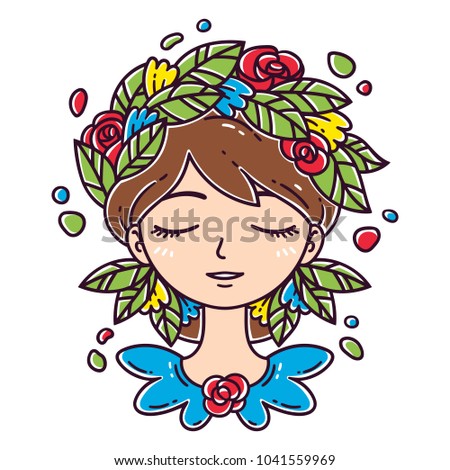 Girl with flower in hair. Vector illustration.