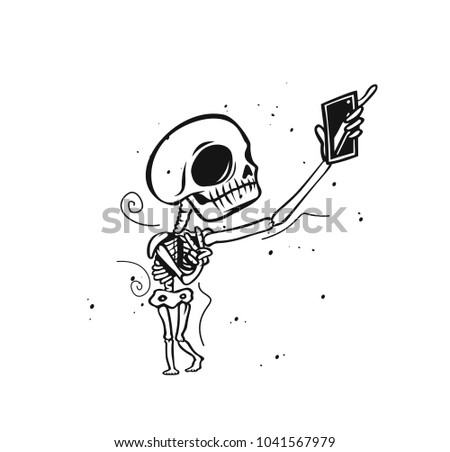Hand drawn illustration of skeleton posing, tshirt print, vector illustration