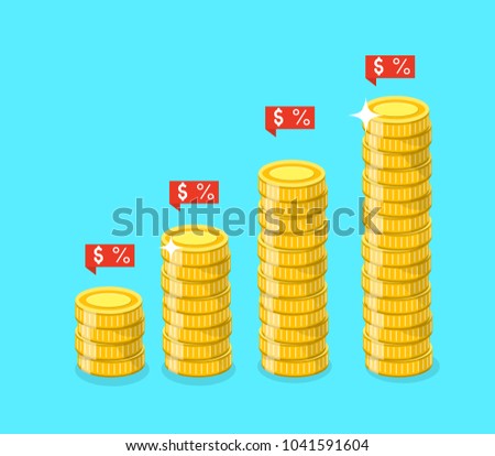  Stack of golden coins with ribbons banners. Vector illustration.