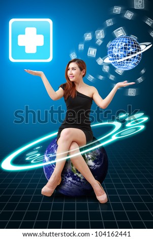 Lady on Globe hold the First Aid icon from app world : Elements of this image furnished by NASA