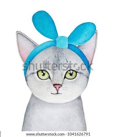 Grey kitten portrait with green eyes and turquoise colour cloth headband, looking at camera. Hand drawn water color graphic picture on white backgroung, cutout. Beautiful, cozy, colorful small one.