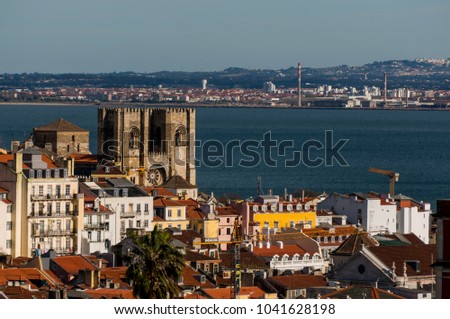View to Church of Santa Maria Maior and Tagus River, Lisbon, Portugal