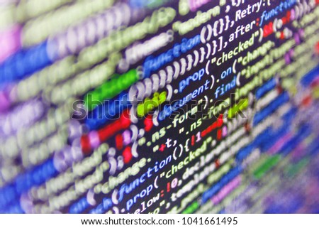PHP data source file. Notebook closeup photo. Website design. Javascript functions, variables, objects. JavaScript code in text editor. Future technology creation process. HTML website structure. 