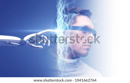 science and future technology concept - robot hand connecting to virtual low poly hologram over male head on blue background