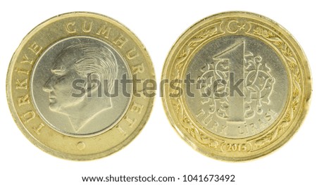 one turkish lira coin isolated on white background