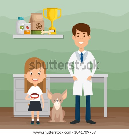 girl with dog and veterinary doctor characters