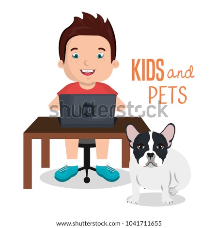 boy with computer laptop and dog character