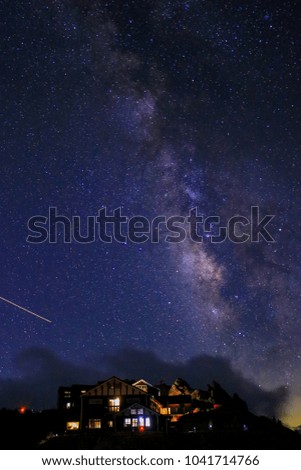 Milky way Galaxy over hut on top the mountain at night sky,Star at Tsubakuro mountain in the north alps Japan