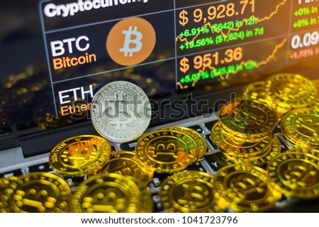 Coins bitcoin, buying goods for crypto currency. Payment with cryptocurrency concept Royalty-Free Stock Photo #1041723796