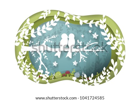 Paper art of bird couple in the forest, origami concept nature and animals idea, Vector illustration.