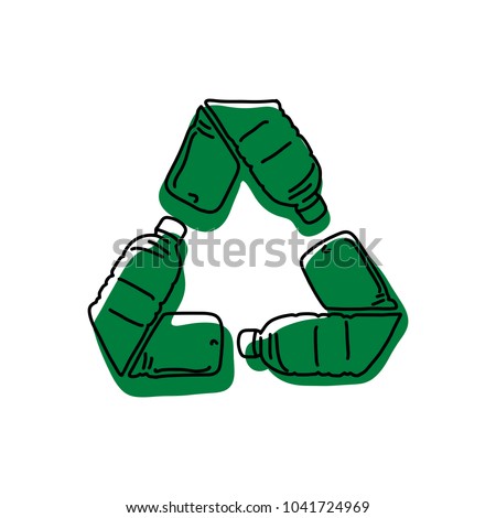 green recycle logo made of used bottle vector illustration sketch hand drawn with black lines isolated on white background