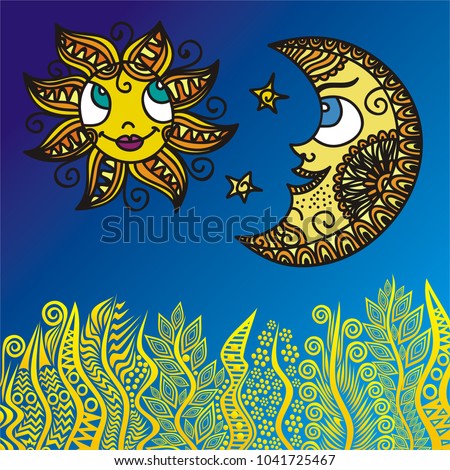 Sun and half moon. Vector illustration